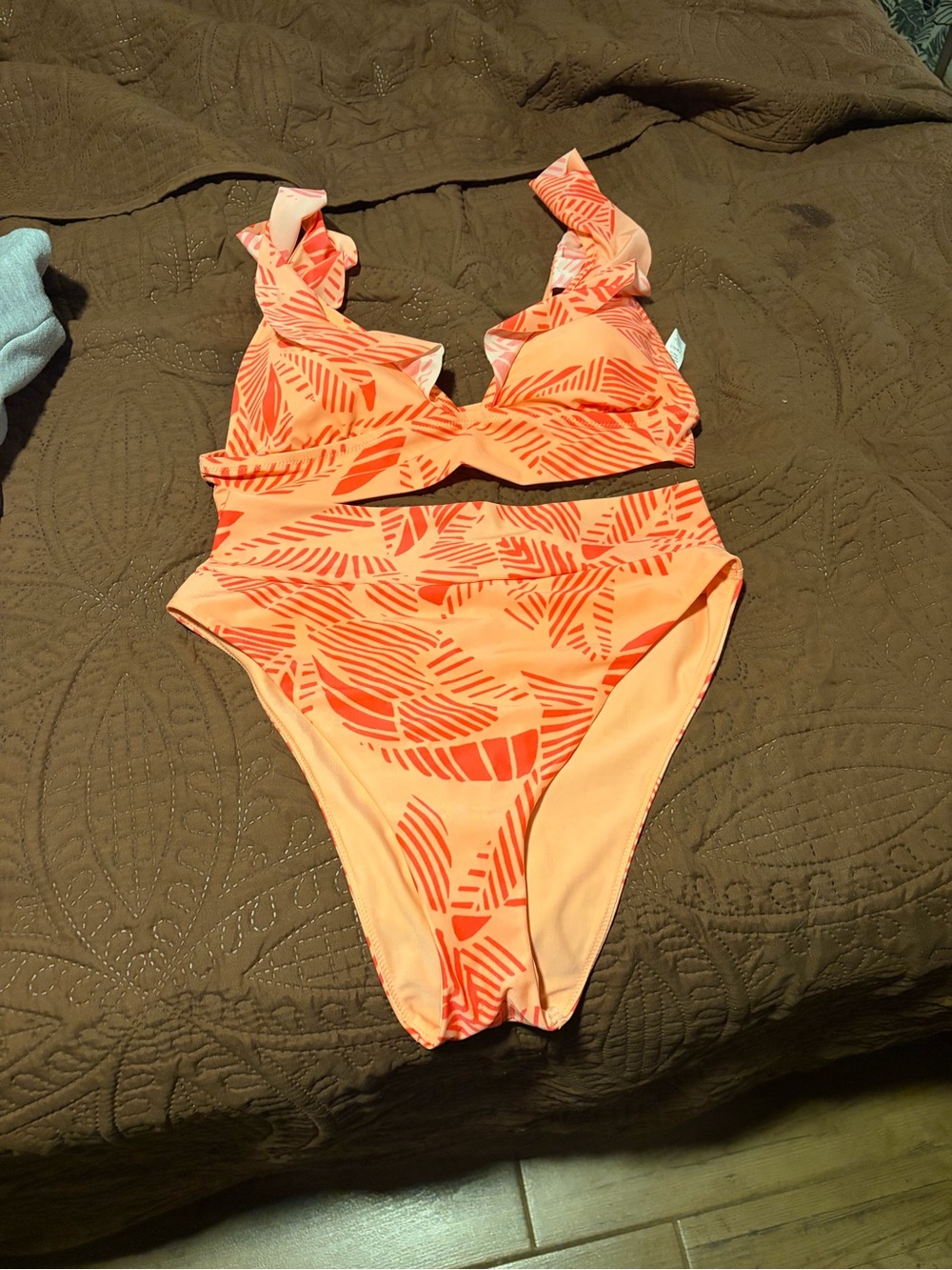 aerie Coral-Print Two-Piece Bikini Set in Peach and Coral